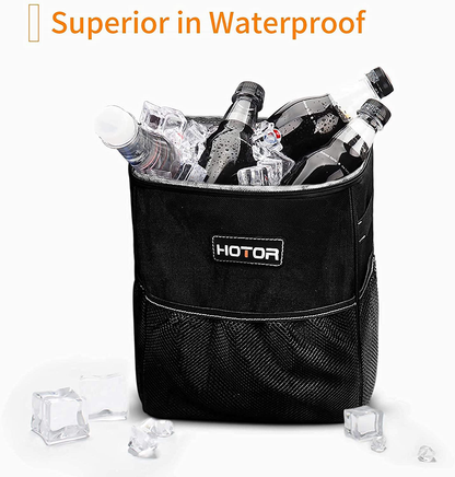 HOTOR Car Trash Can with Lid and Storage Pockets, 100% Leak-Proof Car Organizer, Waterproof Car Garbage Can, Multipurpose Trash Bin for Car - Black