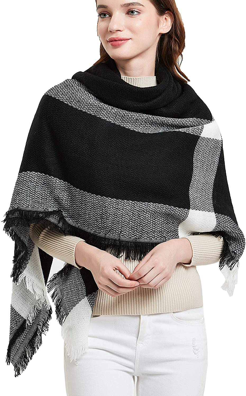 Wander Agio Womens Warm Scarf Square Winter Shawls Large Infinity Scarves Stripe Plaid Scarf