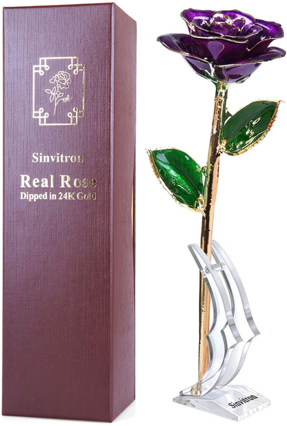 Gold Dipped Rose, Sinvitron Long Stem 24k Gold Dipped Real Rose Lasted Forever with Stand, Best Anniversary Gifts for Her