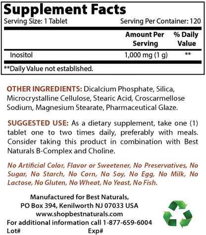 Best Naturals Inositol 1000mg 120 Tablets - Also Called Vitamin B8