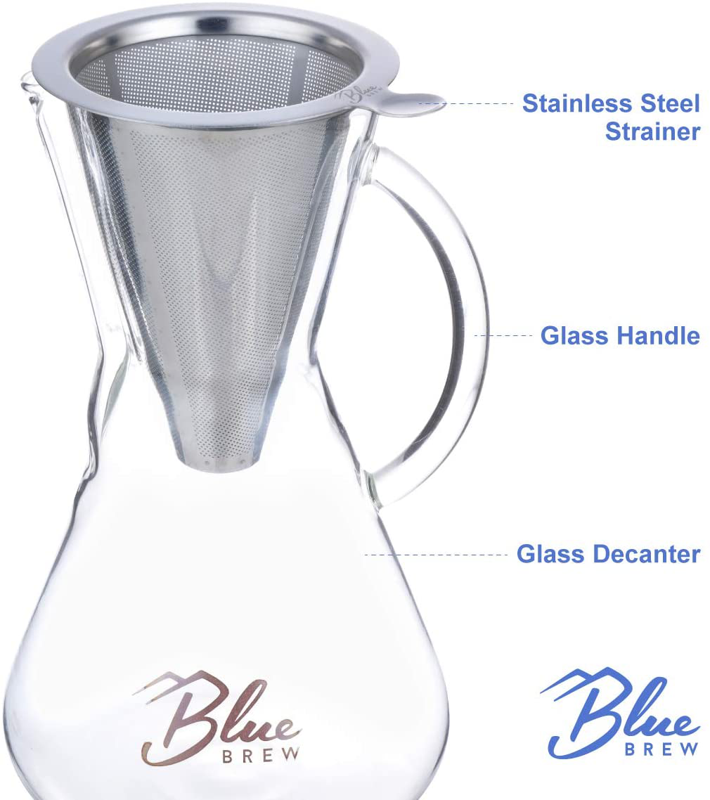 Blue Brew BB1011 Pour Over Brewer - Coffee Maker Carafe w/Permanent Filter - 15oz
