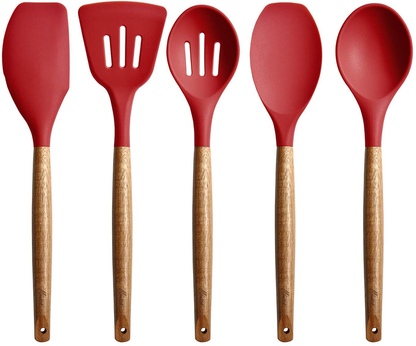 Miusco Non-Stick Silicone Cooking Utensils Set with Natural Acacia Hard Wood Handle, 5 Piece, Grey, High Heat Resistant