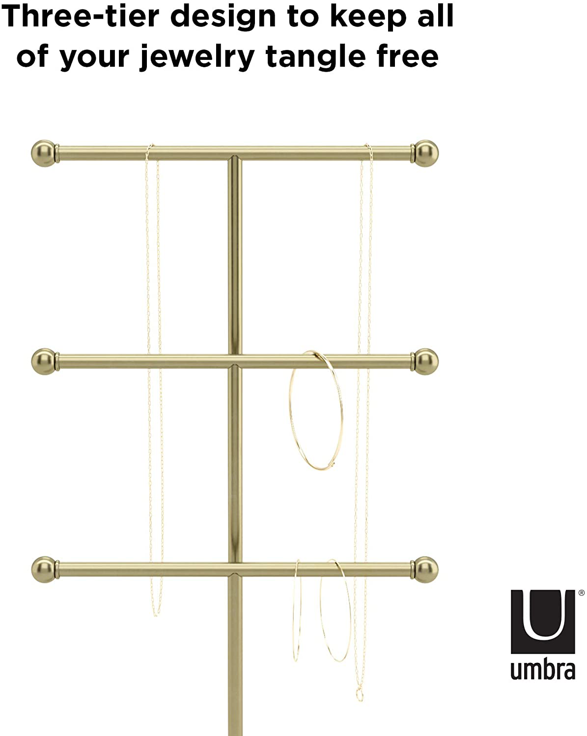 Umbra Trigem Hanging Jewelry Organizer Tiered Tabletop Countertop Free Standing Necklace Holder Display, 3, Brass/White