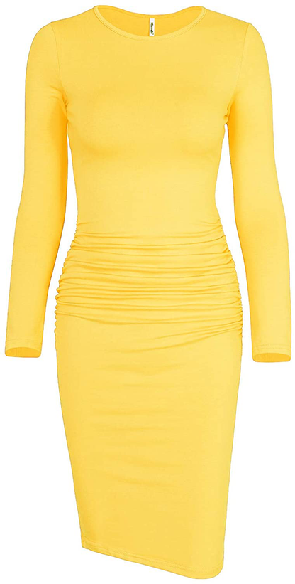 Missufe Women's Long Sleeve Ruched Casual Sundress Midi Bodycon Sheath Dress