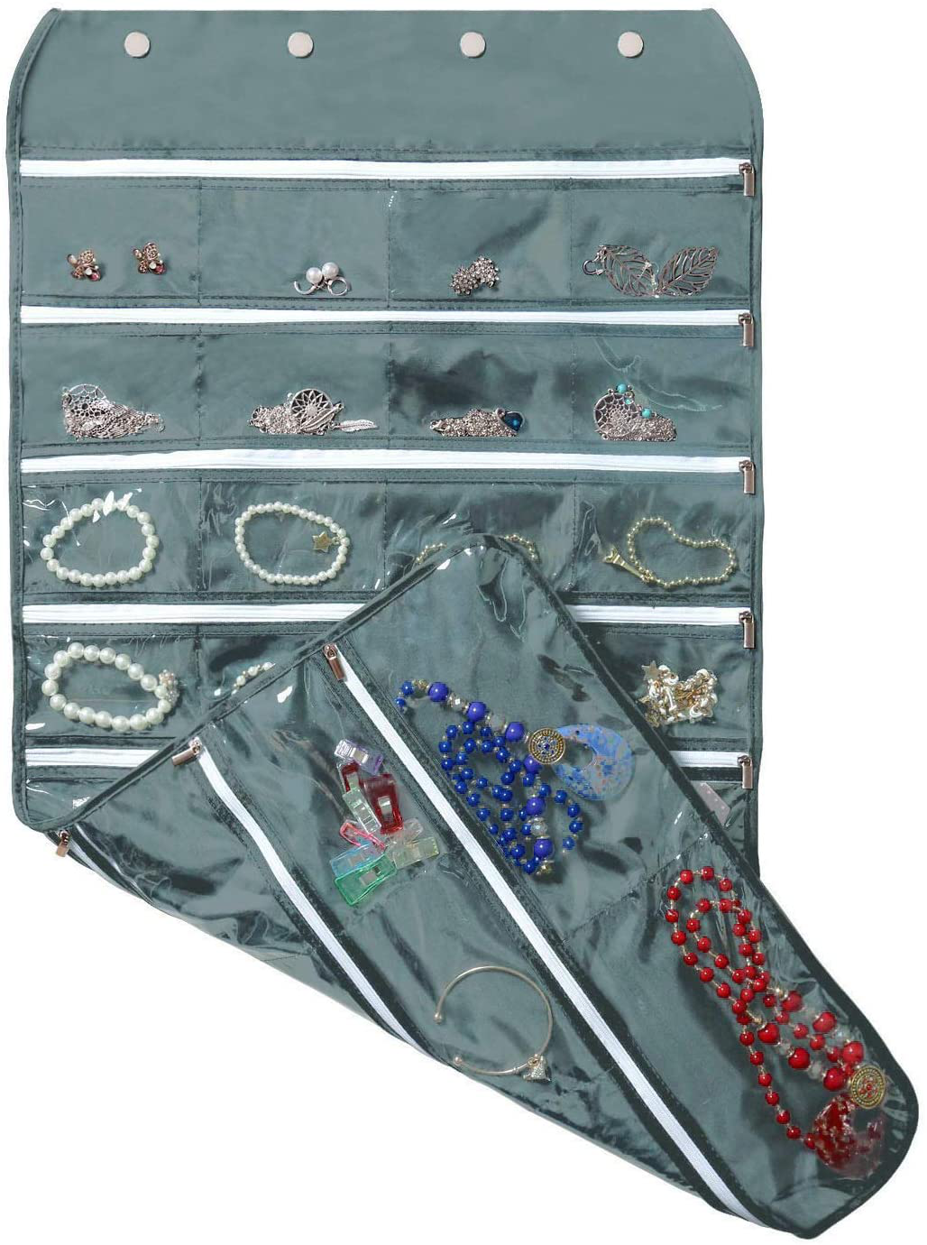 BB Brotrade Hanging Jewelry Organizer with Oxford Dual Side 56 Zippered Storage Pocket (Grey with Zipper)