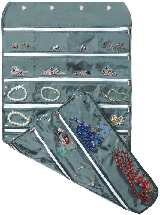 BB Brotrade Hanging Jewelry Organizer with Oxford Dual Side 56 Zippered Storage Pocket (Grey with Zipper)