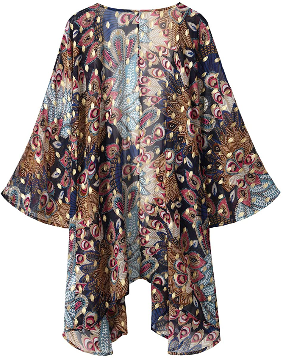 olrain Women's Floral Print Sheer Chiffon Loose Kimono Cardigan Capes