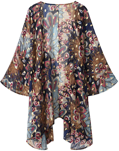 olrain Women's Floral Print Sheer Chiffon Loose Kimono Cardigan Capes
