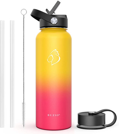 BUZIO Insulated Water Bottle with Straw Lid and Flex Cap, 32oz, 40oz, 64oz, 87oz Modern Double Vacuum Stainless Steel Water Flask, Cold for 48 Hrs Hot for 24 Hrs Simple Thermo Canteen Mug,BPA-Free