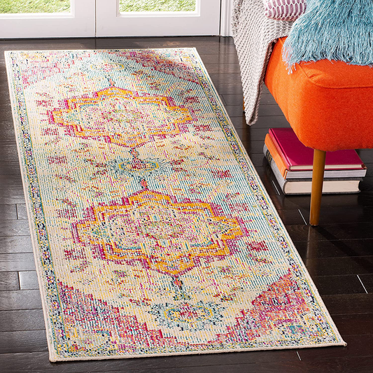 Safavieh Crystal Collection CRS501B Boho Chic Oriental Medallion Distressed Non-Shedding Stain Resistant Living Room Bedroom Runner, 2'2" x 9' , Light Blue / Fuchsia
