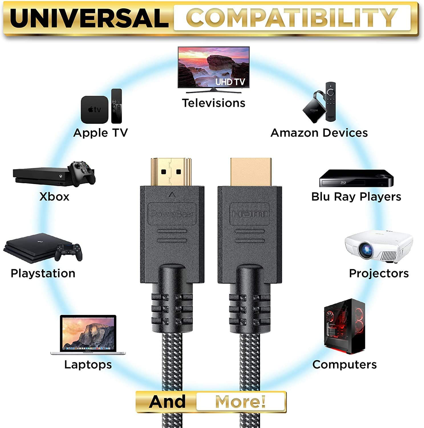 Multi Pack PowerBear 4K HDMI Cables Braided Nylon & Gold Connectors, 4K @ 60Hz, Ultra HD, 2K, 1080P, ARC & CL3 Rated