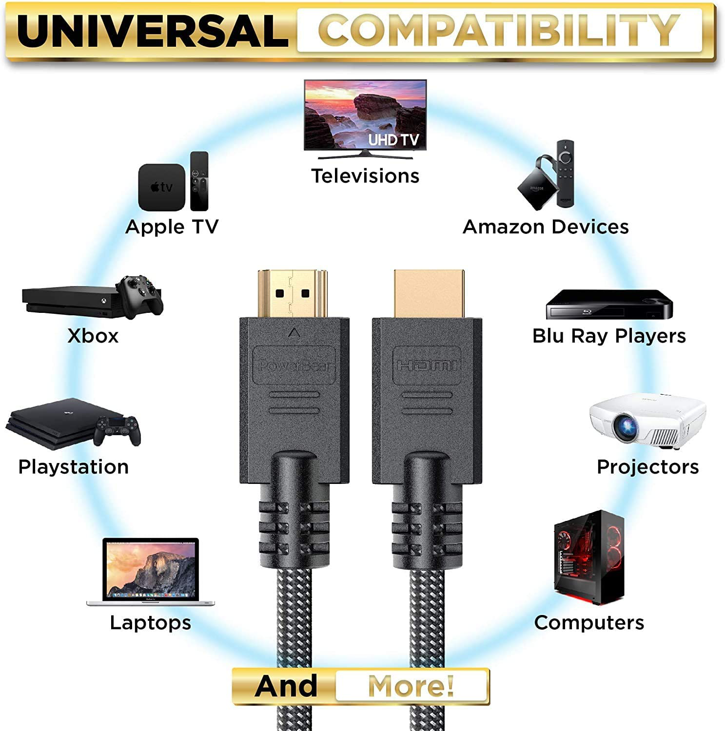 Multi Pack PowerBear 4K HDMI Cables Braided Nylon & Gold Connectors, 4K @ 60Hz, Ultra HD, 2K, 1080P, ARC & CL3 Rated