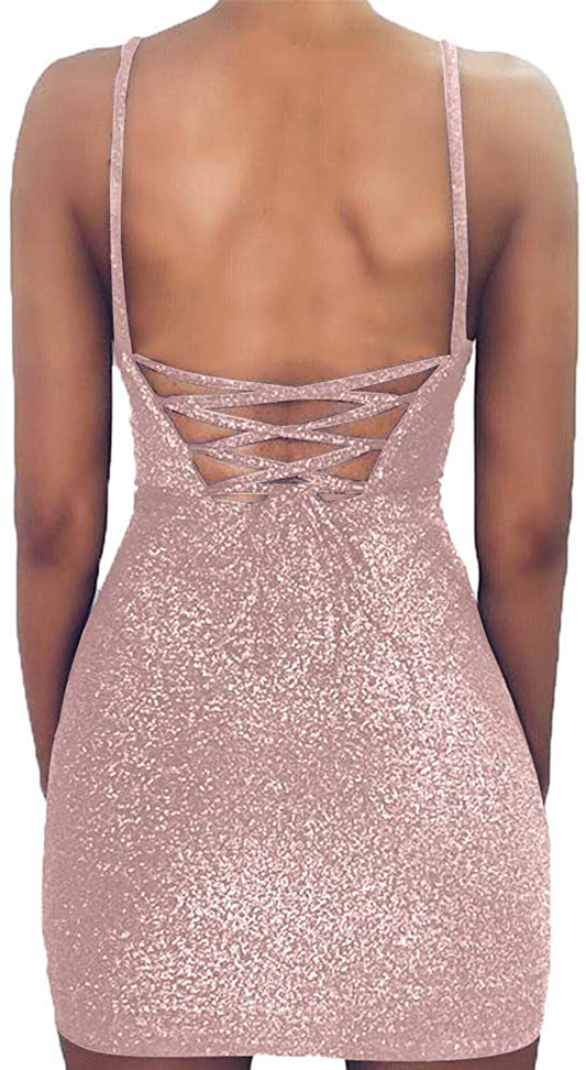 VANCOL Women's Sexy Glitter Spagetti Straps Lace Up Back Bandage Bodycon Mini Club Party Dress