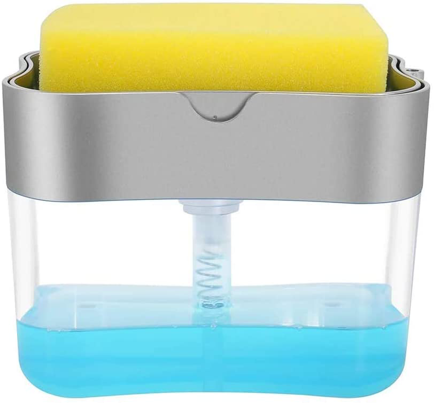 Aeakey Soap Dispenser,Dish Soap Dispenser for Kitchen,Sponge Holder Sink Dish Washing Soap Dispenser 13 Ounces (Silver)