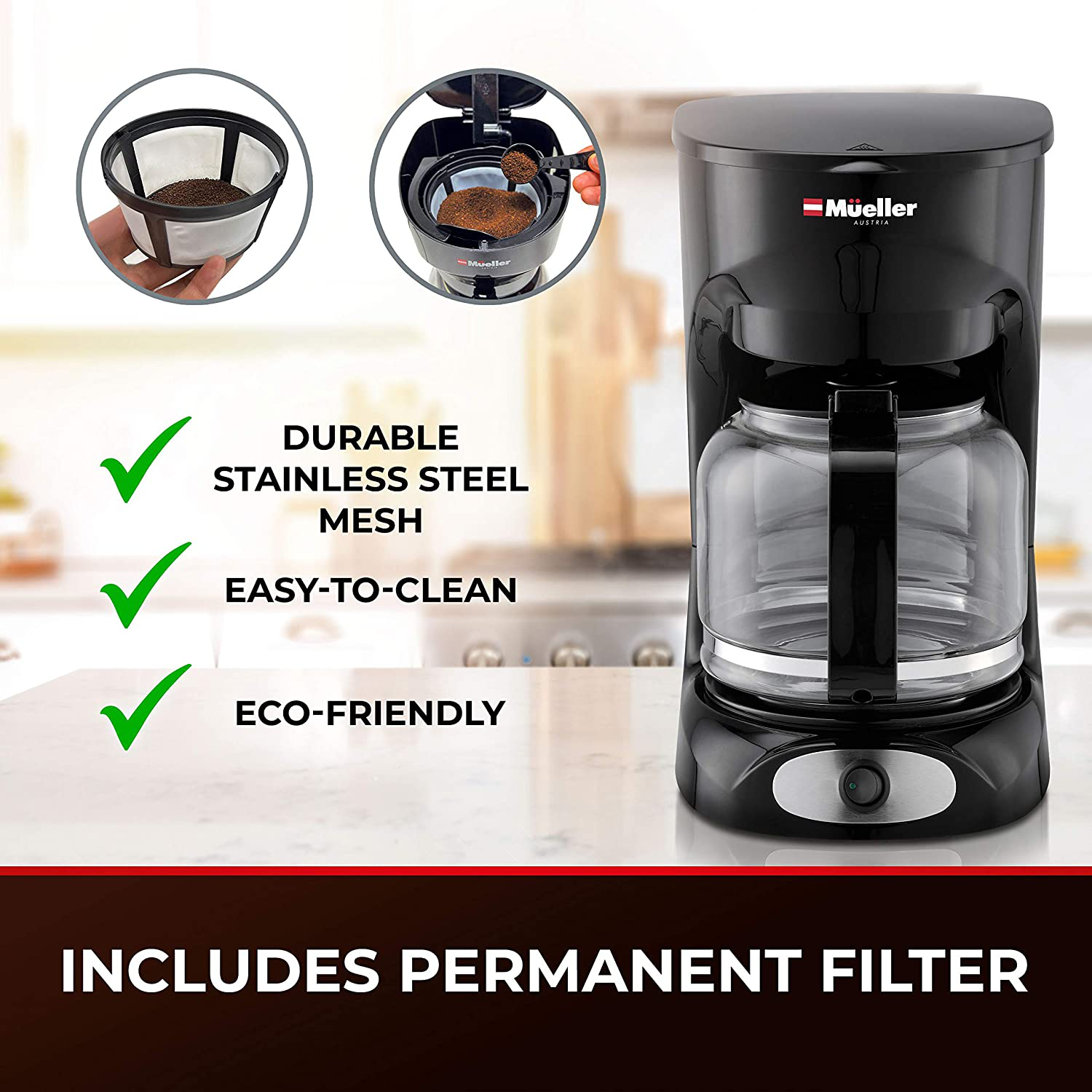 Mueller 12-Cup Drip Coffee Maker, Auto Keep Warm Function, Smart Anti-Drip System, with Durable Permanent Filter and  Borosilicate Glass Carafe, Clear Water Level Window Coffee Machine