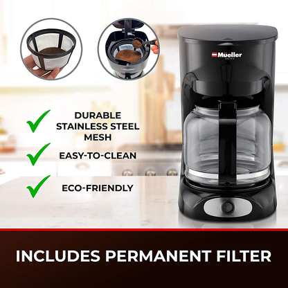 Mueller 12-Cup Drip Coffee Maker, Auto Keep Warm Function, Smart Anti-Drip System, with Durable Permanent Filter and  Borosilicate Glass Carafe, Clear Water Level Window Coffee Machine