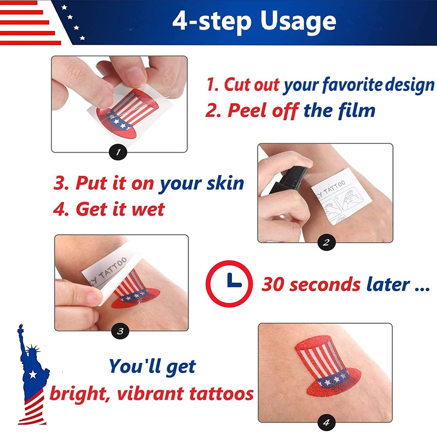 4th of July Patriotic Temporary Tattoos (10 - 20 Sheets)