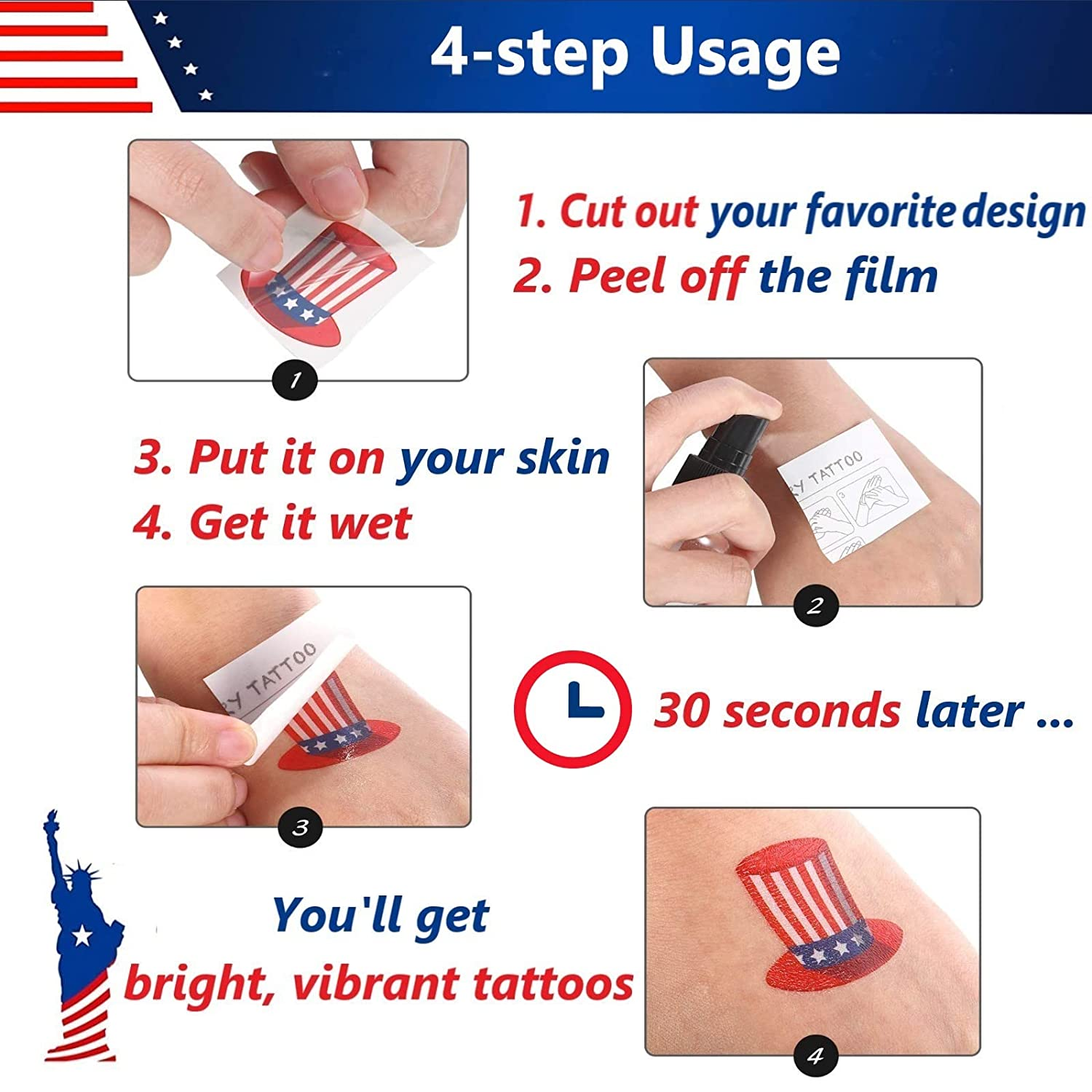 4th of July Patriotic Temporary Tattoos (10 - 20 Sheets)