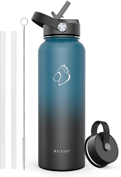 BUZIO Insulated Water Bottle with Straw Lid and Flex Cap, 32oz, 40oz, 64oz, 87oz Modern Double Vacuum Stainless Steel Water Flask, Cold for 48 Hrs Hot for 24 Hrs Simple Thermo Canteen Mug,BPA-Free