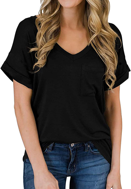 Chalier Womens V Neck T Shirts Short Sleeve Shirts Cotton Blouse Loose Casual Tunics Summer Tops Pocket Tee Shirts Gifts