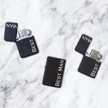 Engraved Matte Black Lighter with Gift Tin - Windproof, Flip-Top, Refillable (Will You Be My Best Man)