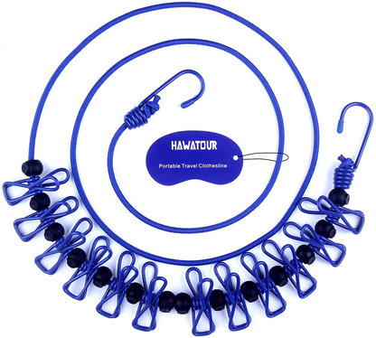HAWATOUR Portable Elastic Travel Clothesline with 12pcs Clothespins Travel Gadgets for Outdoor and Indoor Use (Black)