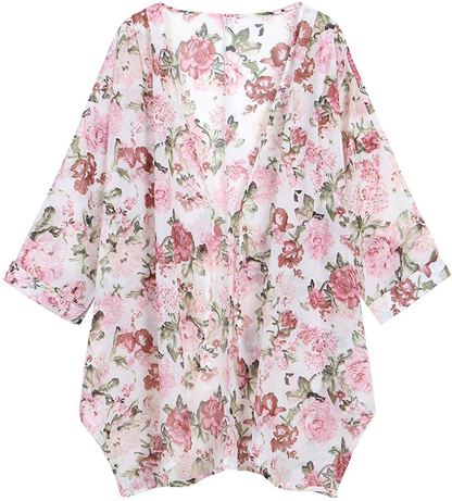 olrain Women's Floral Print Sheer Chiffon Loose Kimono Cardigan Capes