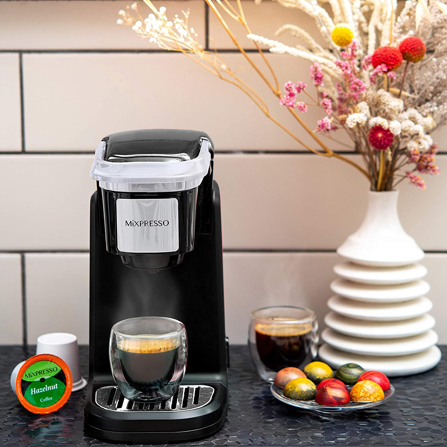 Mixpresso Single Cup Coffee Maker | Personal, Single Serve Coffee Brewer Machine, Compatible with Single-Cups | Quick Brew Technology, Programmable Features, One Touch Function (Black)