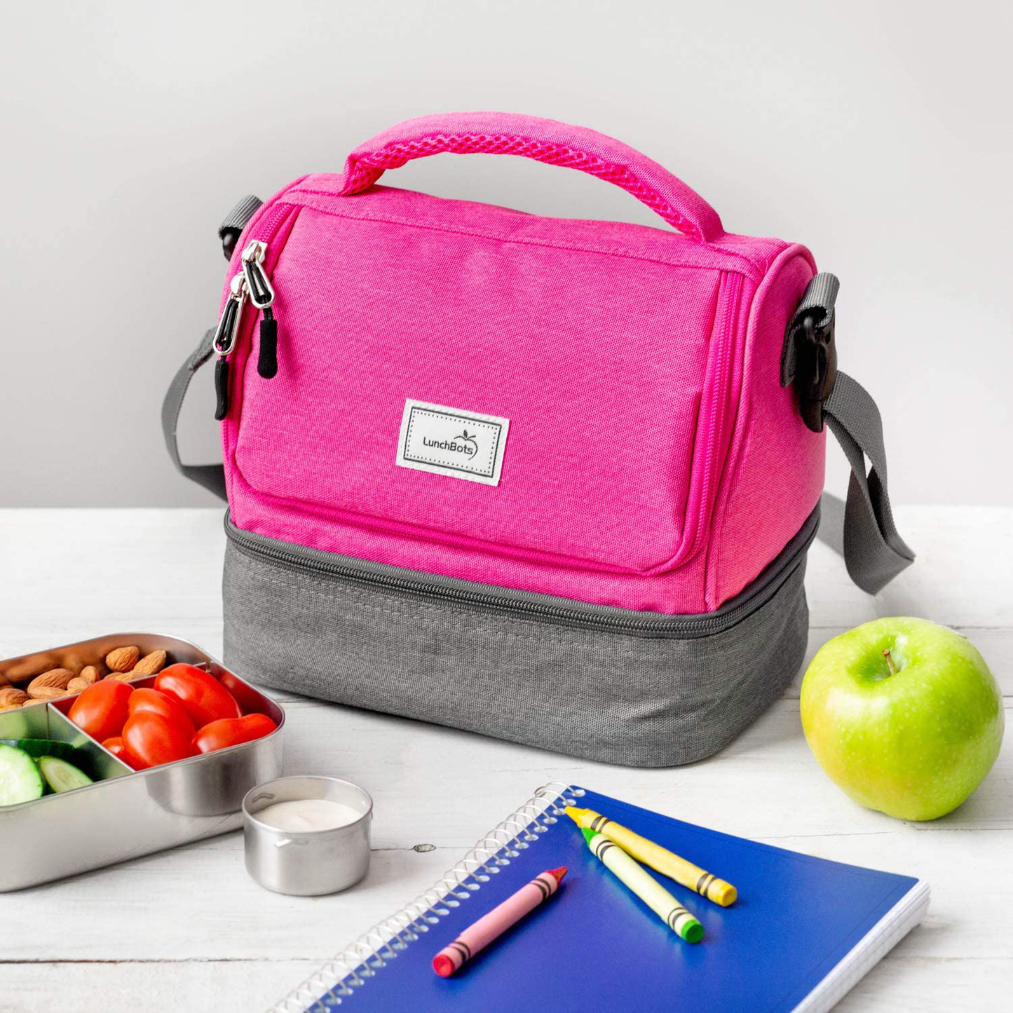 LunchBots Duplex Insulated Lunch Bag - Dual Section Design Fits LunchBots Uno, Duo, Trio, Quad, Rounds, Bento Cinco Perfectly - Roomy Thermal Lunch Bag for Kids and Adults - Pink