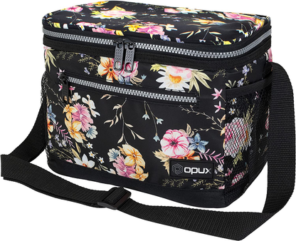 OPUX Insulated Lunch Box for Women Men, Leakproof Thermal Lunch Bag for Work, Reusable Lunch Cooler Tote, Soft School Lunch Pail for Kids with Shoulder Strap, Pockets, 14 Cans, 8L, Floral Black