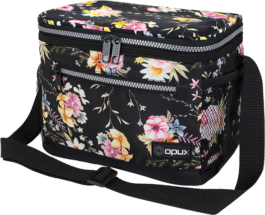 OPUX Insulated Lunch Box for Women Men, Leakproof Thermal Lunch Bag for Work, Reusable Lunch Cooler Tote, Soft School Lunch Pail for Kids with Shoulder Strap, Pockets, 14 Cans, 8L, Floral Black
