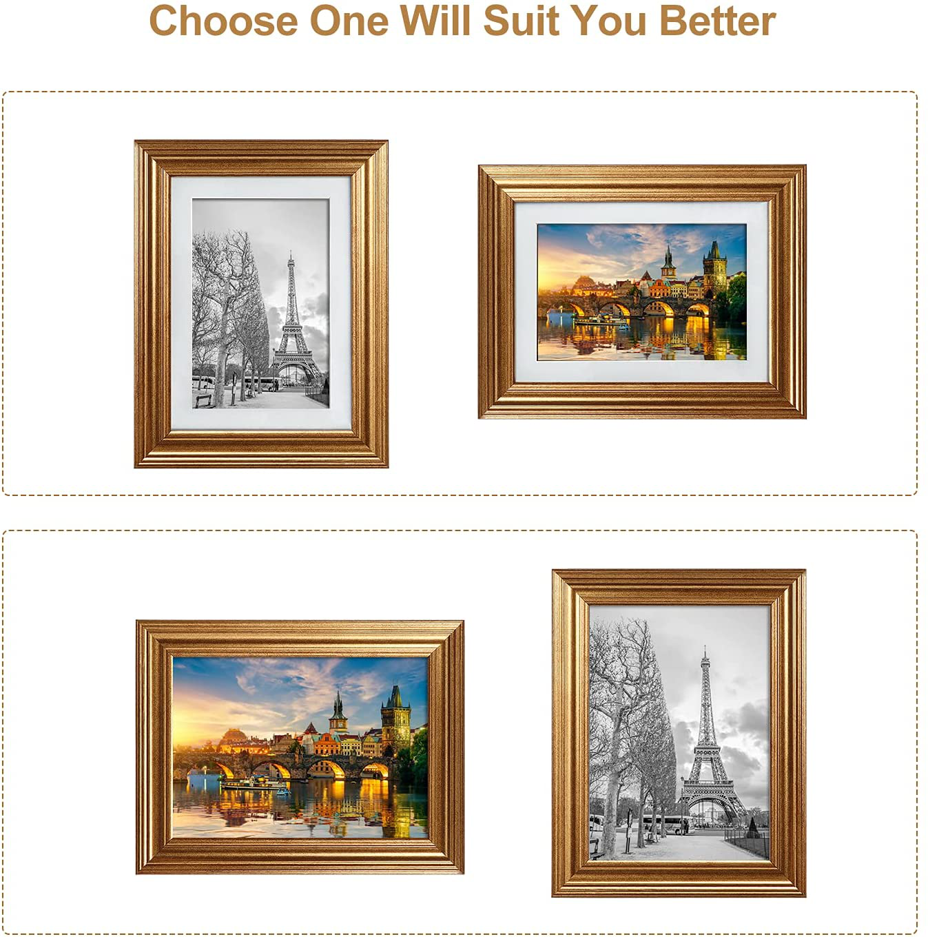 MEBRUDY 4x6 Picture Frames Set of 6, Display Pictures 4x6 with Mat or 5x7 Without Mat, Gold Photo Frames for Wall Mount or Table Top