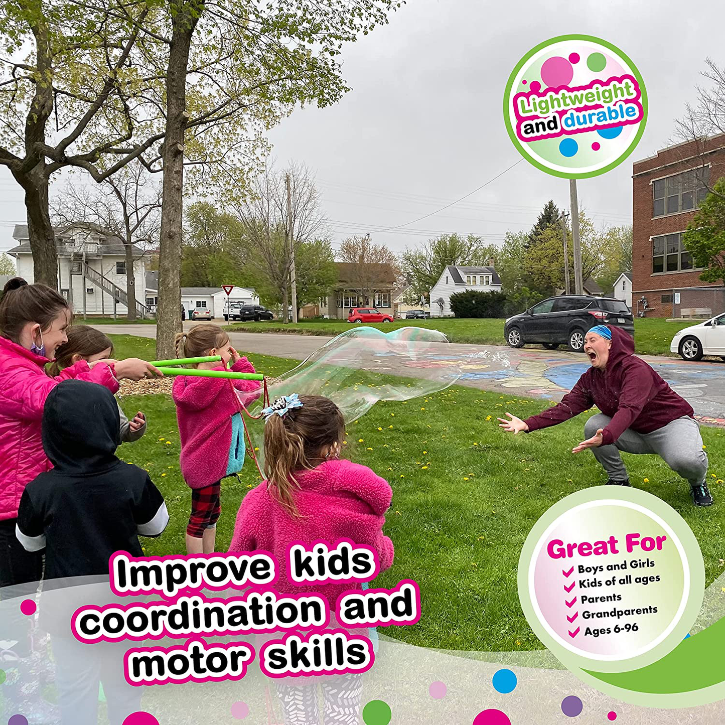 WOWMAZING Giant Bubble Wands Kit: (4-Piece Set) | Incl. Wand, Big Bubble Concentrate and Tips & Trick Booklet | Outdoor Toy for Kids, Boys, Girls | Bubbles Made in The USA - Standard Kit