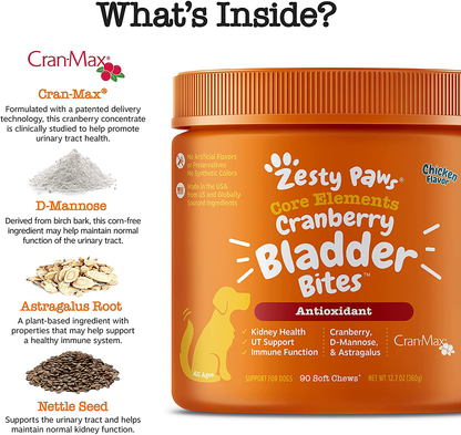 Zesty Paws Cranberry Bites for Dogs - Kidney, Bladder & Urinary Tract (UT) Support - Functional Dog Supplement with D Mannose, Marshmallow & Organic Astragalus - Immune System Support for Canine Pets