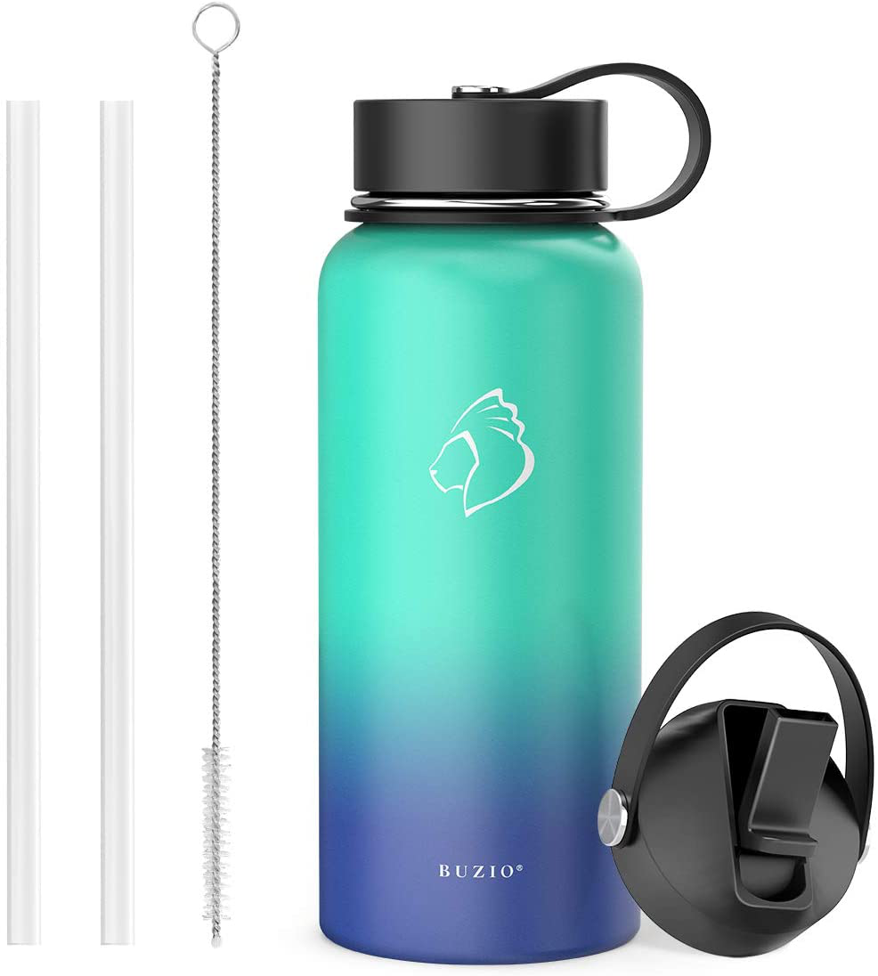 BUZIO Insulated Water Bottle with Straw Lid and Flex Cap, 32oz, 40oz, 64oz, 87oz Modern Double Vacuum Stainless Steel Water Flask, Cold for 48 Hrs Hot for 24 Hrs Simple Thermo Canteen Mug,BPA-Free