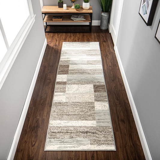 SUPERIOR Rockwood Modern Geometric Patchwork Polypropylene Indoor Area Rug or Runner with Jute Backing, 2'6" X 8', Light Blue/Ivory