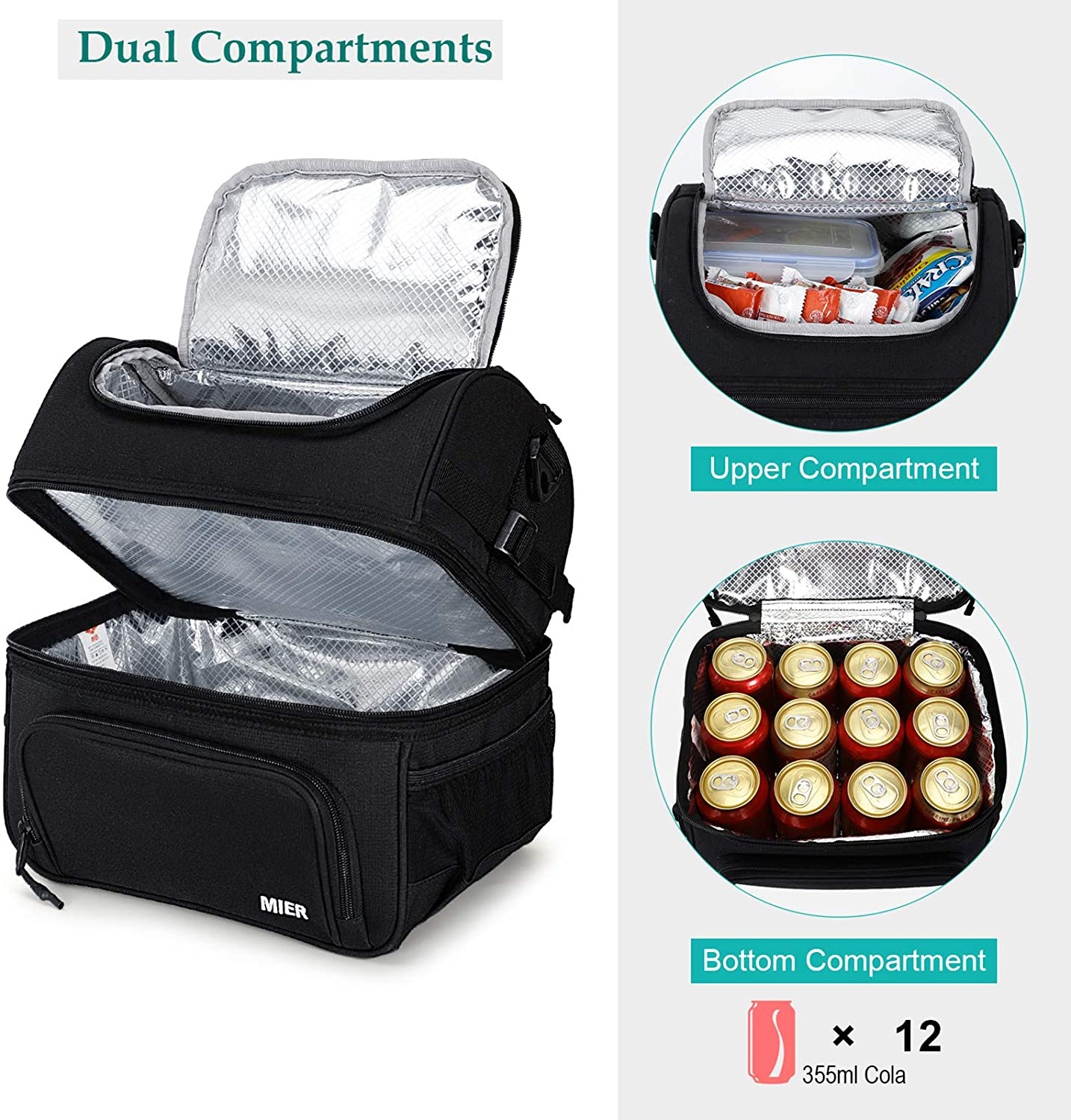 MIER Dual Compartment Lunch Bag Tote with Shoulder Strap for Men and Women Insulated Leakproof Cooler Bag, Dark Blue