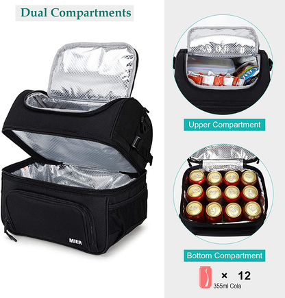MIER Dual Compartment Lunch Bag Tote with Shoulder Strap for Men and Women Insulated Leakproof Cooler Bag, Dark Blue