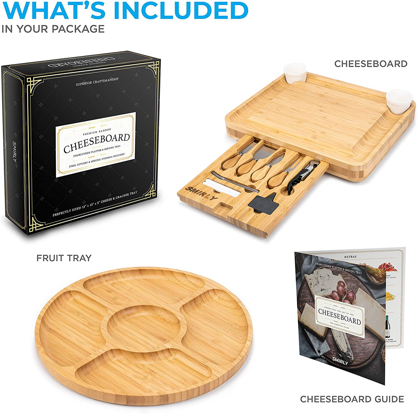 SMIRLY Bamboo Cheese Board and Knife Set: Large Charcuterie Board Set - Wine Meat Cheese Platter - Unique Housewarming Gift for Women, Wedding & Anniversary Gift for Couple, Bridal Shower Gift for Her