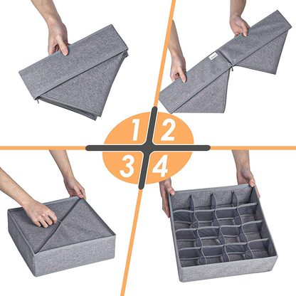 3 Pack Sock Underwear Organizer Dividers, 64 Cell Fabric Foldable Cabinet Closet Organizers and Storage Boxes for Storing Socks, Underwear, Ties (16+24+24 Cell, Black)