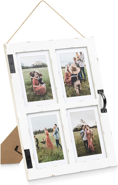 GLM Farmhouse Window Frame Holds Four 4x6 and 5x7 Photos, Farmhouse Picture Frames With Mat and Glass, Photo Collage Frame and Rustic Farmhouse Decor (Brown)