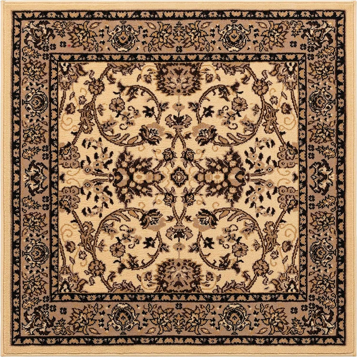 Unique Loom Kashan Traditional Floral Area Rug, 4 Feet, Ivory/Tan
