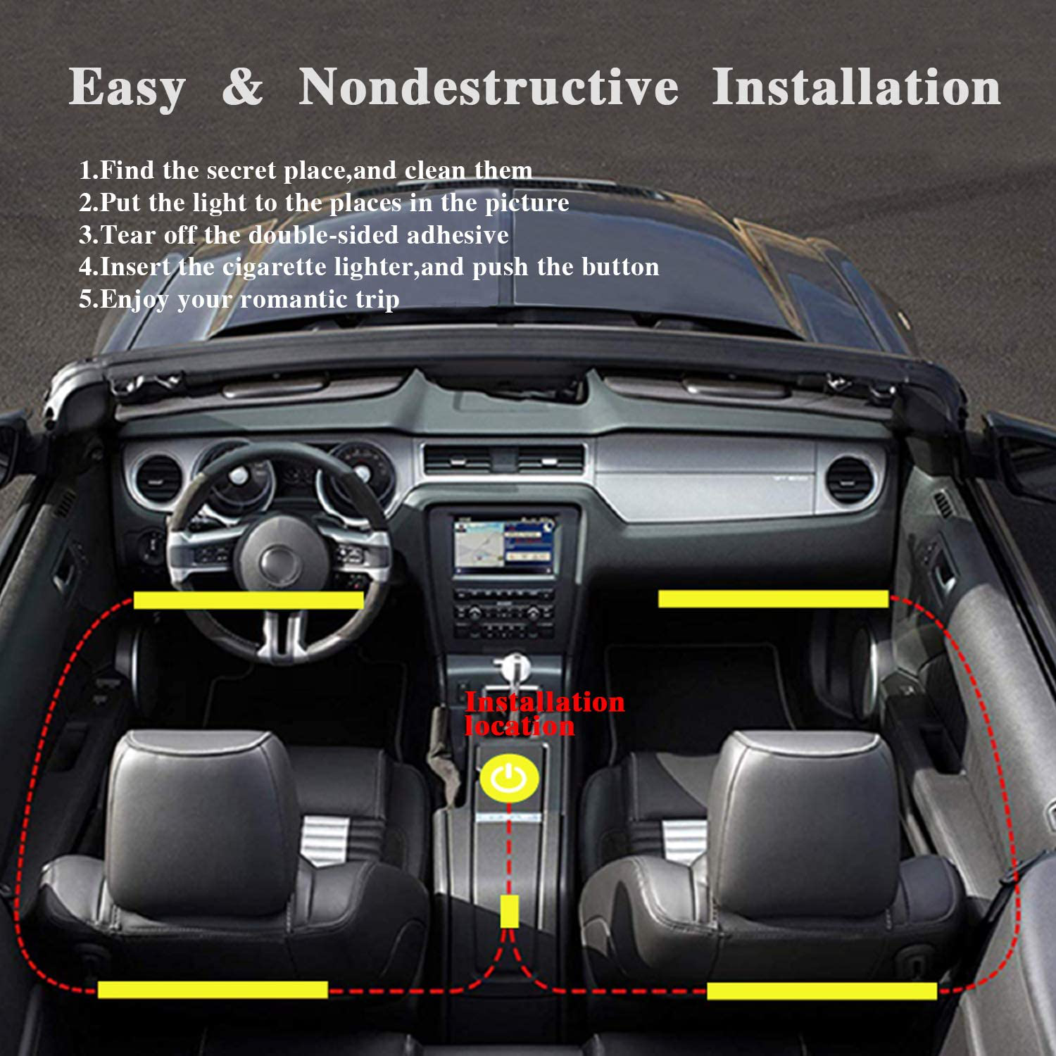 LivTee 12V Interior Car Lights, Newest Two-Line Design 4pcs 48 LED Multi DIY Color Music Under Dash Car Lighting Waterproof Kits with Wireless Remote & APP Control, Car Charger Included