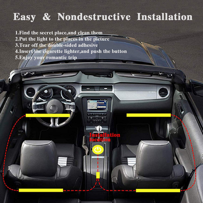 LivTee 12V Interior Car Lights, Newest Two-Line Design 4pcs 48 LED Multi DIY Color Music Under Dash Car Lighting Waterproof Kits with Wireless Remote & APP Control, Car Charger Included