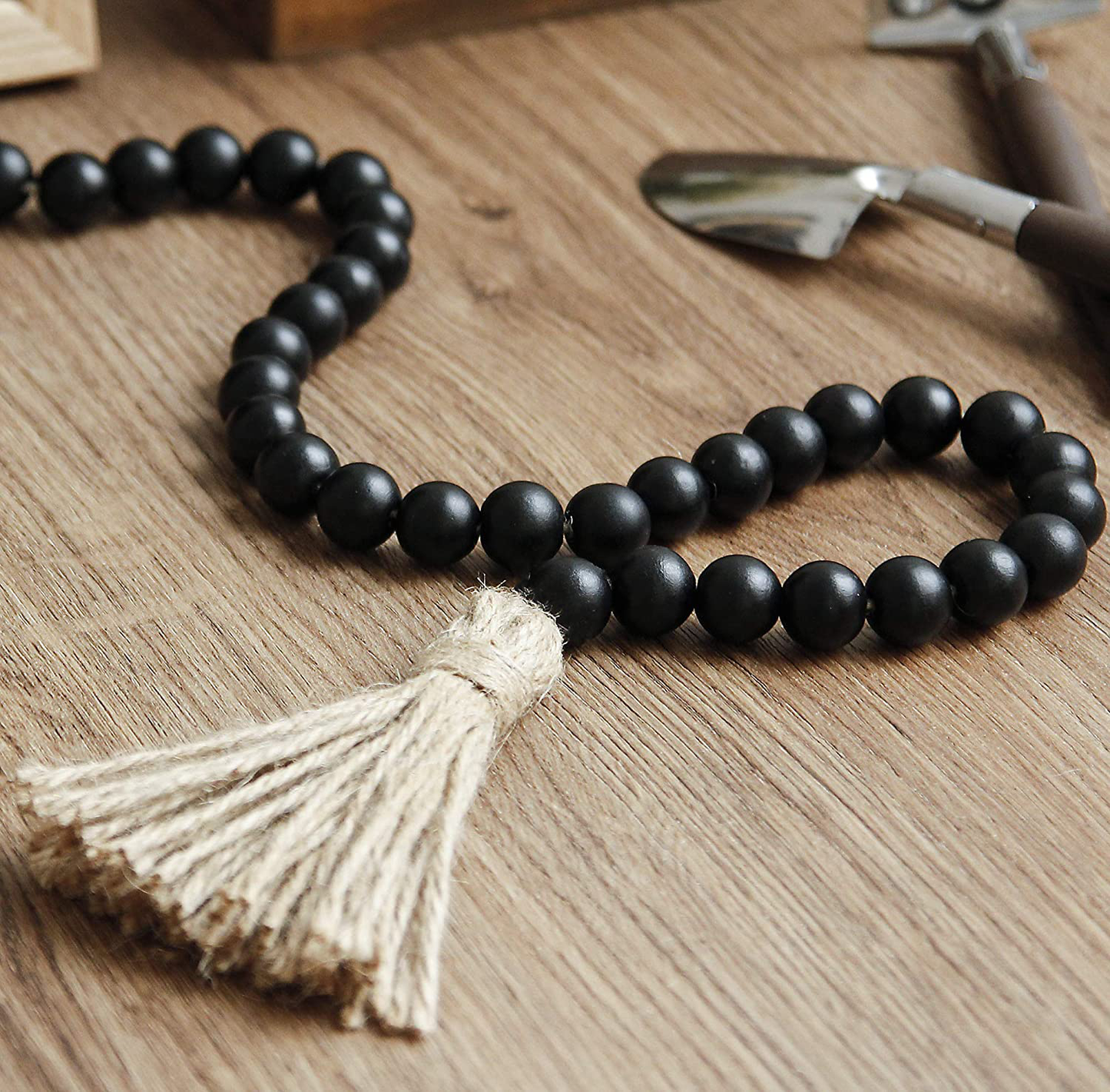 58in Wood Bead Garland with Tassels,Farmhouse Beads Rustic Country Decor Prayer Boho Beads Wall Hanging Decoration (Black)