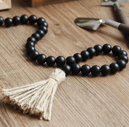 58in Wood Bead Garland with Tassels,Farmhouse Beads Rustic Country Decor Prayer Boho Beads Wall Hanging Decoration (Black)