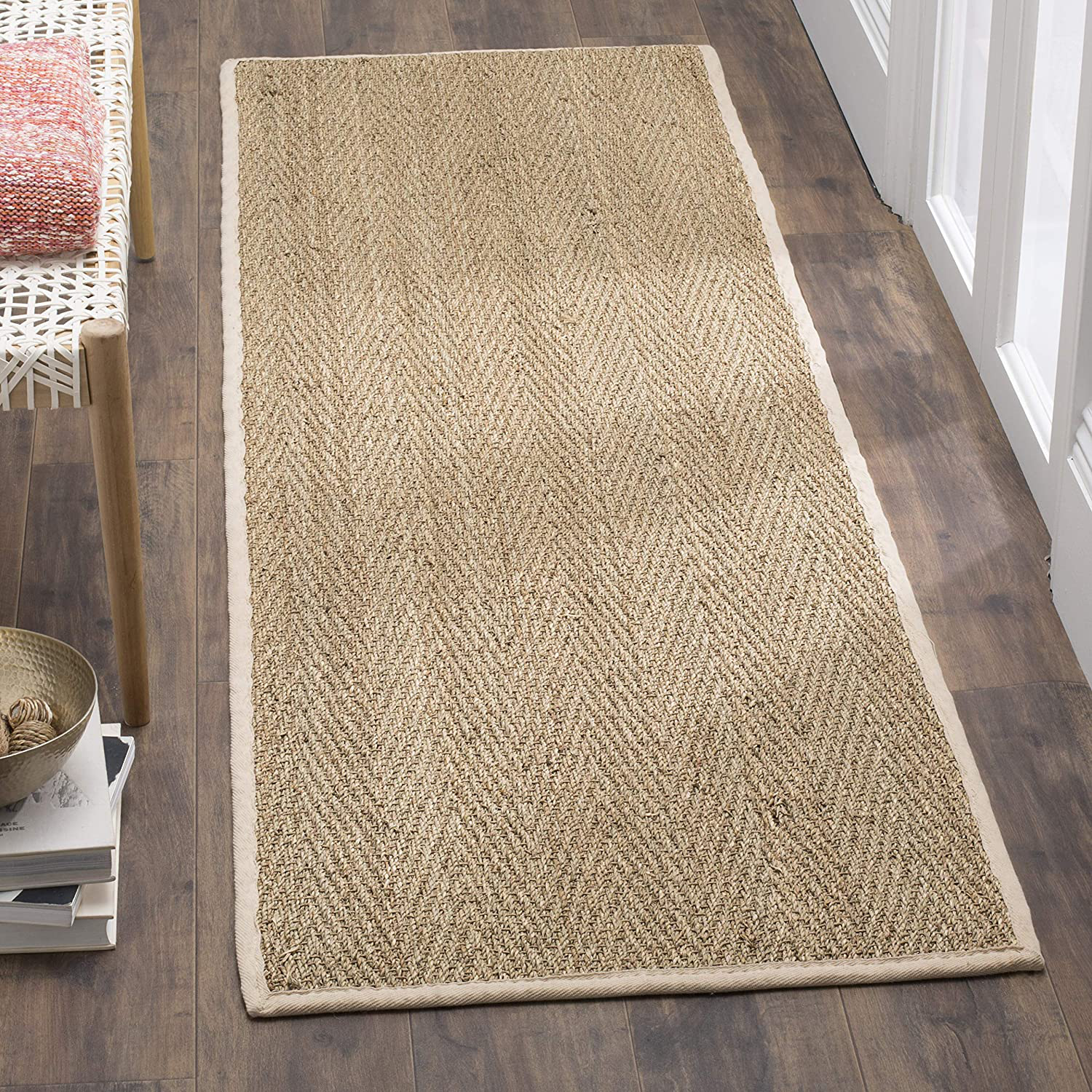 Safavieh Natural Fiber Collection NF115J Border Herringbone Seagrass Runner, 2'6" x 6' , Ivory