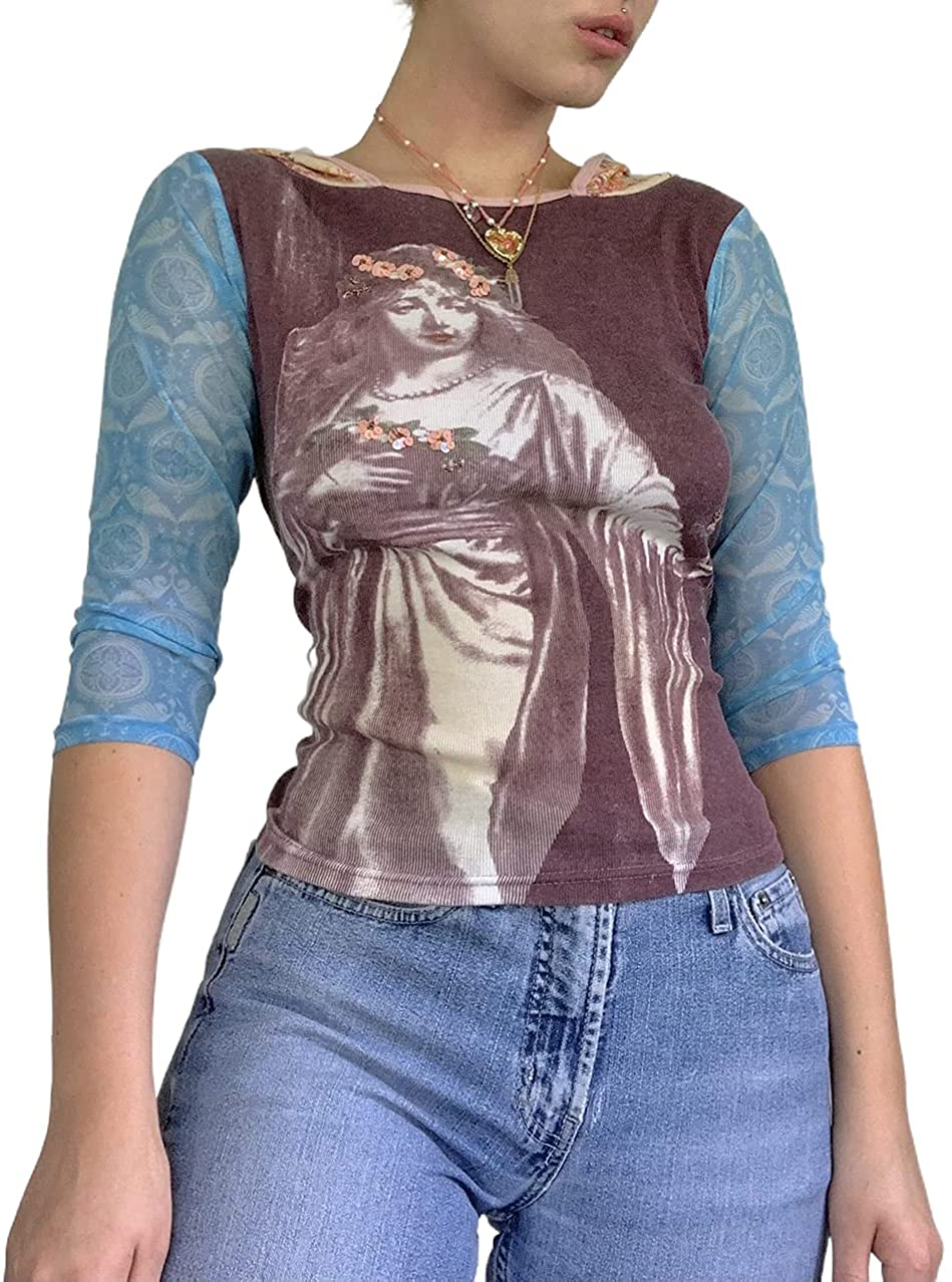 Women's Graphic Print Crop Top Vintage Punk Portrait Shirts Summer Slim Short Sleeve T Shirt Tops Y2k Fashion Clothes