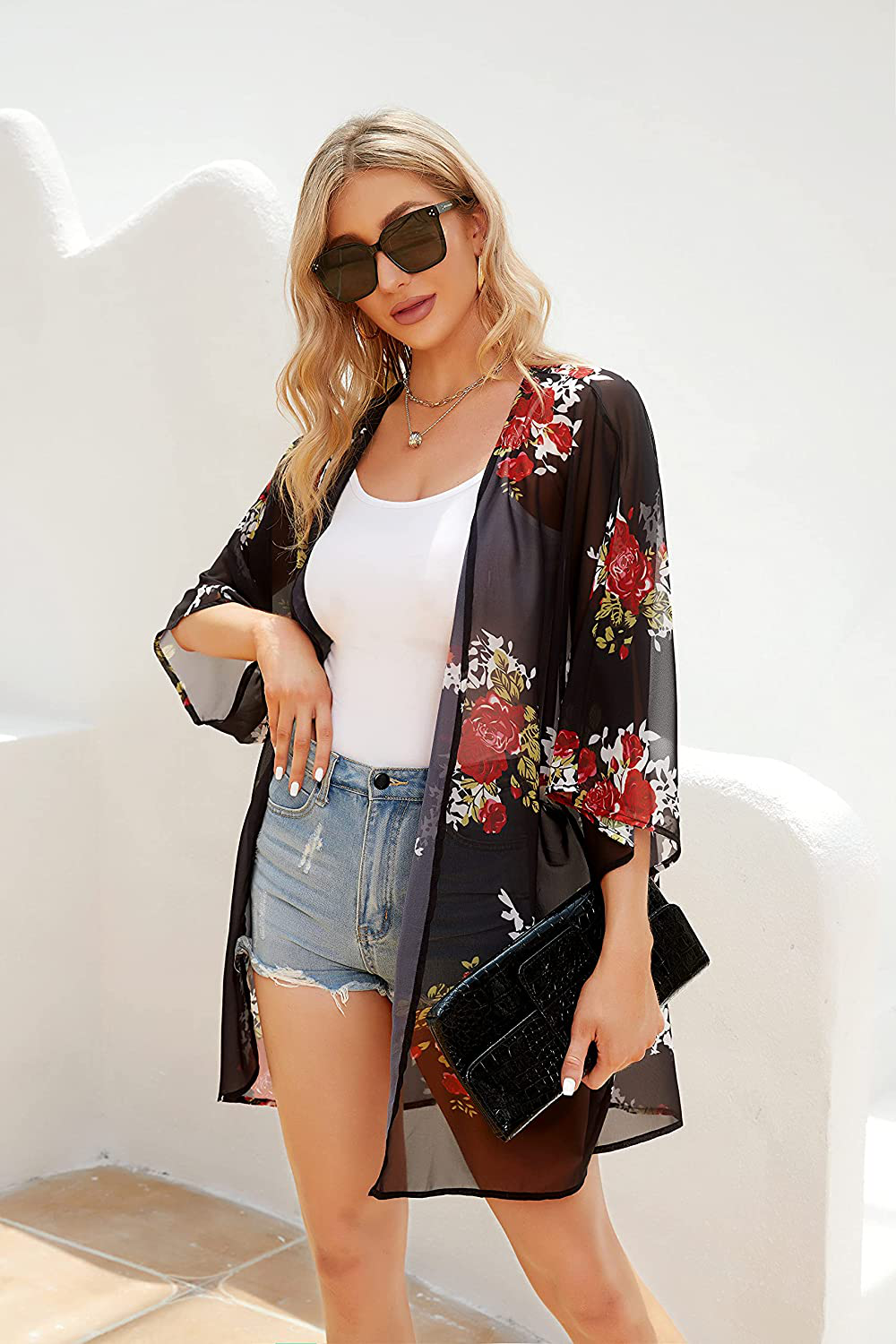 Women's Floral Print Puff Sleeve Kimono Cardigan Loose Cover Up Casual Blouse Tops