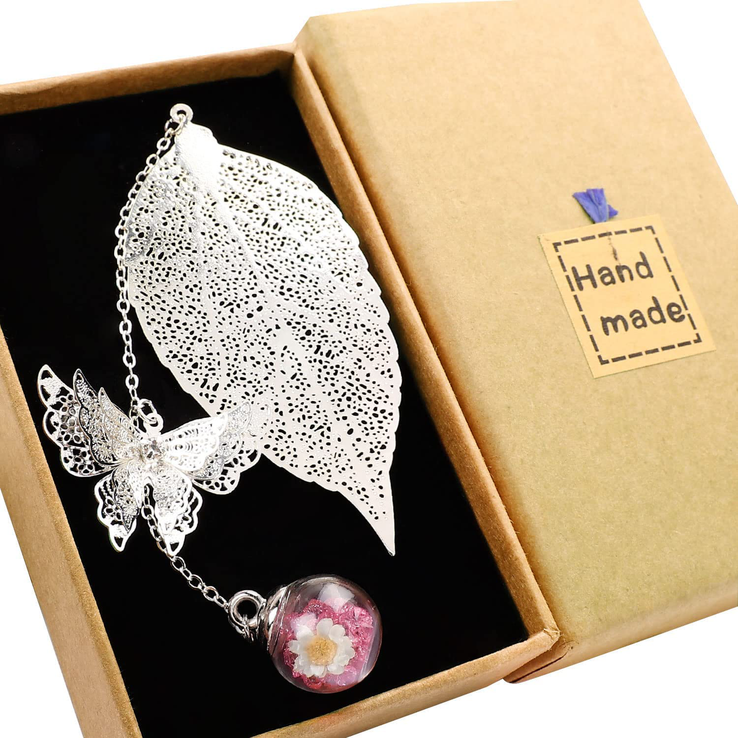 Metal Leaf Bookmark with 3D Butterfly Pendant